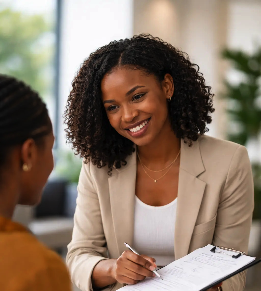 Assistante de gestion souriante accueillant les parents